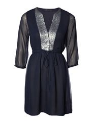 French Connection RACHEL SILK LS RD NK FLARED DR - NOCTURNAL/SIL SEQUIN